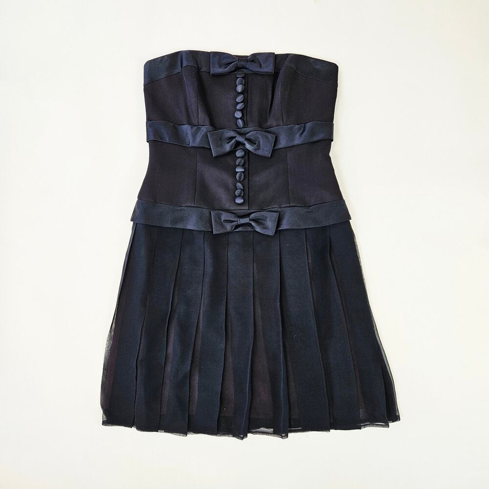 Y2k Silk Drop-Waist Dress Navy Pleated Button & Bow Kathryn Conover - Size 2 - Picture 6 of 9